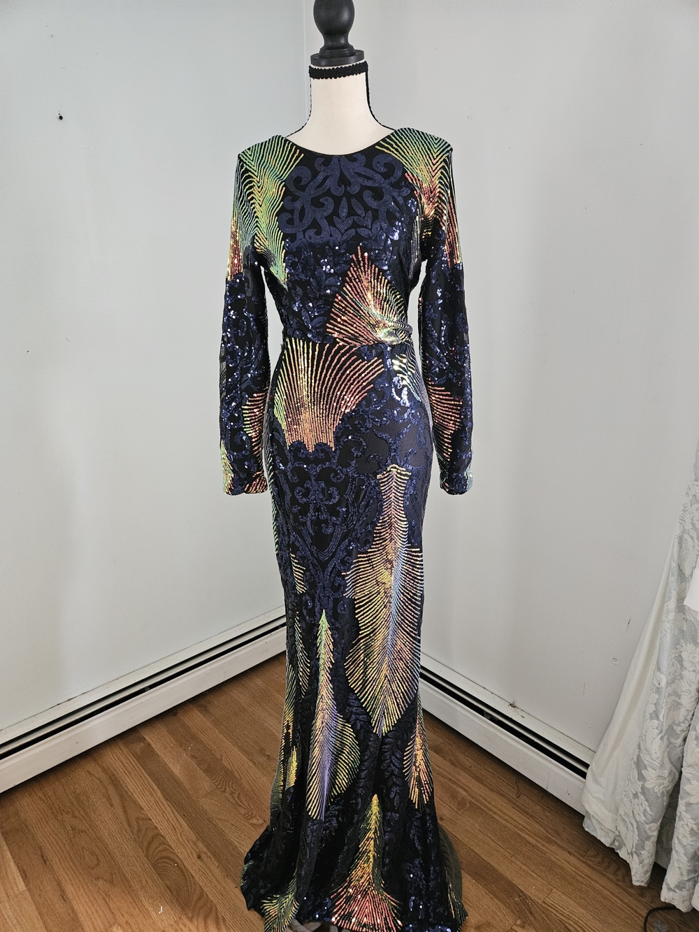 Navy Multicolor Sequin Long-Sleeve Evening Dress By ORD. P-H